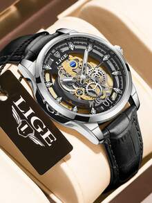 LIGE Men's Fashion Watch: Skeleton Design, Stainless Steel Band, Quartz Movement - Silver - View 1