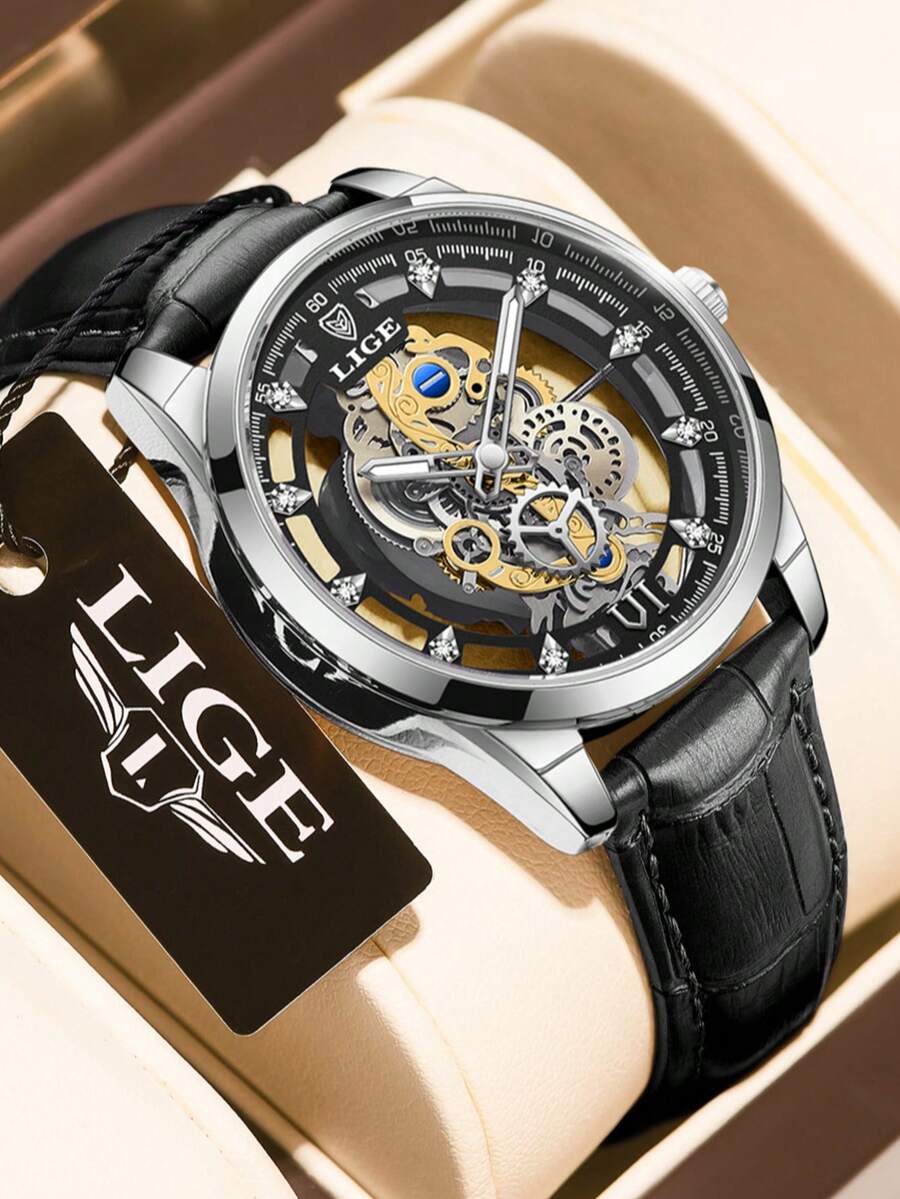 LIGE Men's Fashion Watch: Skeleton Design, Stainless Steel Band, Quartz Movement - Silver - View 1