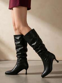 Women's Plus Size Square Toe Ruched High Shaft Tall Boots, Slim Fit High Heel Solid Color Slip-On Long Boots, Elegant Fashion Tall Boots, Suitable For Office, Dating, Party, Autumn/Winter Daily Wear - Black - View 9