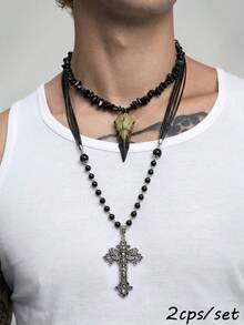 2pcs Eye-Catching Handmade Bird Bone Skull Butterfly Witchcraft Cross Metal Material Multicolor Men's Necklace Suitable For Daily Wear Gift Memorial Meaning Premium Versatile - Multicolor - View 1