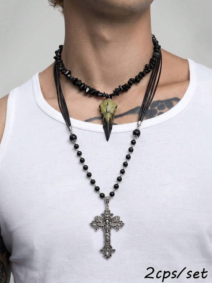 2pcs Eye-Catching Handmade Bird Bone Skull Butterfly Witchcraft Cross Metal Material Multicolor Men's Necklace Suitable For Daily Wear Gift Memorial Meaning Premium Versatile - Multicolor - View 1