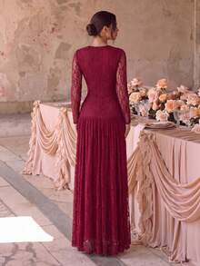 Gaun Koktail Panjang Renda Menawan untuk Wanita, Leher V, Lengan Panjang, Gaun Formal dengan Hem Mengembang yang Romantis, Cocok untuk Acara Spesial - Burgundy - View 2