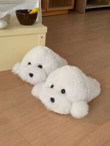 Cute Teddy Dog Warm House Slippers, Comfortable Soft Sole Animal Slippers - White - View 8