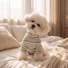 Striped Ribbed Dog High Neck Shirt With Bear Embroidery Pet Clothing, Soft And Warm Cat And Dog Home Clothes - Green - View 6