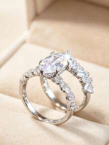 2pcs/Set Marquise-Shaped Cubic Zirconia Stackable Ring Set, Sparkling Halo Design Women's Engagement Wedding Rings, Exquisite Luxury Jewelry, Versatile Accessory For Party, Date, Daily Wear, Valentine's Day, Anniversary, Birthday Gift For Girlfriend - Fashion - View 4