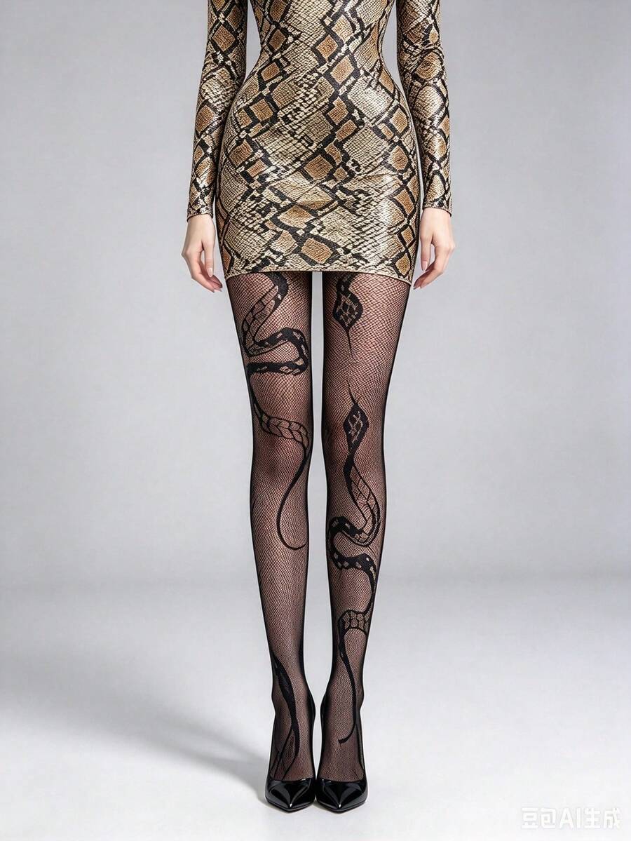 1 Pair Women's Snake Print Fishnet Stockings, Perfect For Parties And Daily Wear - Multicolor - View 1