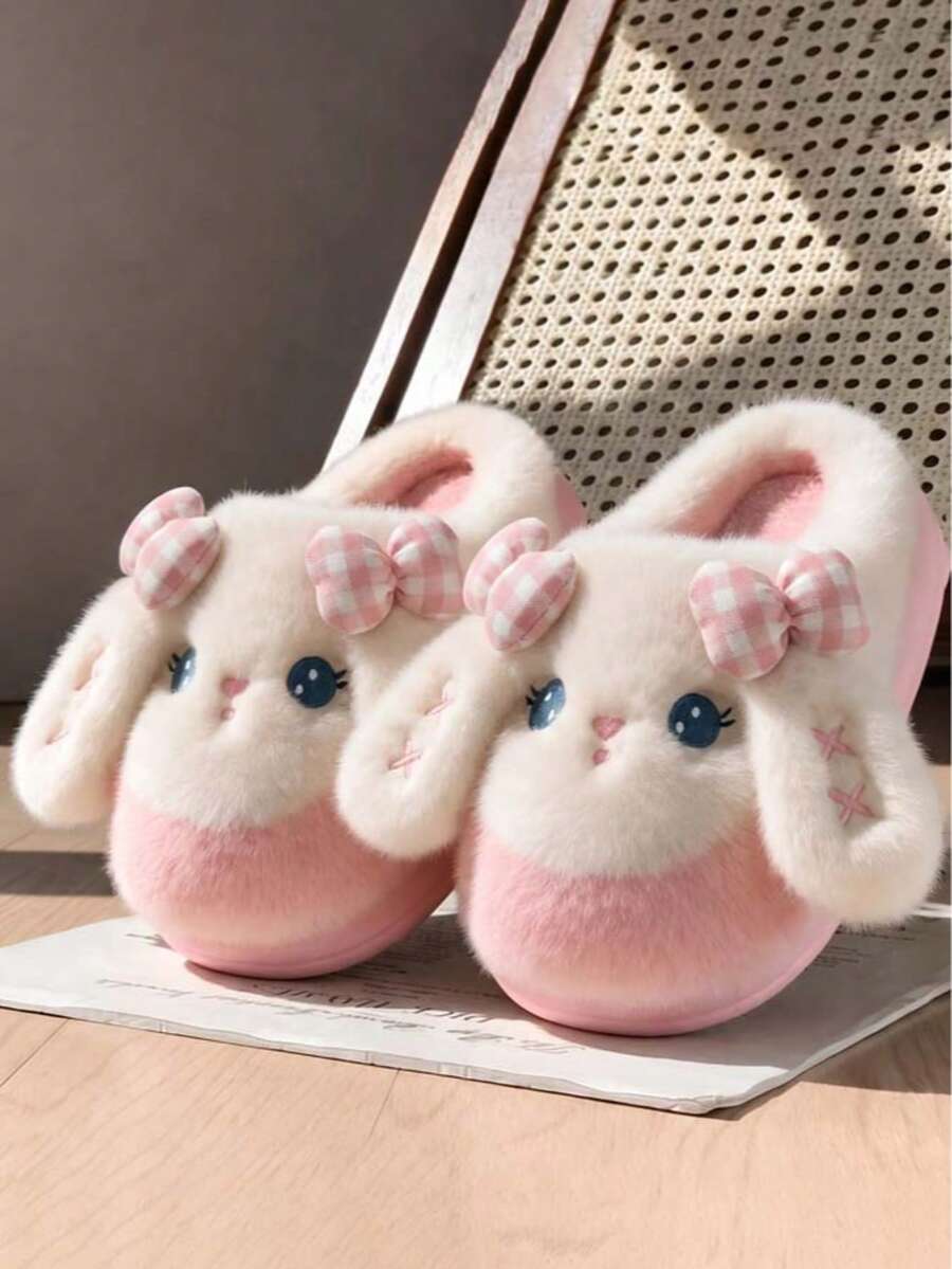 Cute Plush Slippers For Women, Bowknot Design, Thermal Lined, Thick Warm Comfortable Cartoon Fuzzy Slippers, Casual Versatile Winter - Pink - View 1