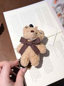 1pc Plush Bear Claw Clip, Featuring 3D Curly Bear Doll With Delicate Bow, Soft And Cute. Large Teeth Design Offers Strong Grip To Hold Medium - Multicolor - View 4