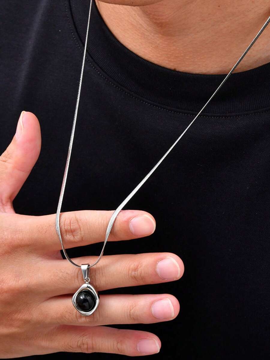 1pc Stainless Steel Asymmetrical Black Agate Tiger Eye Stone Pendant Gold/Silver Necklace For Men, Christmas Gift, Jewelry, Accessory - 2189 - View 1