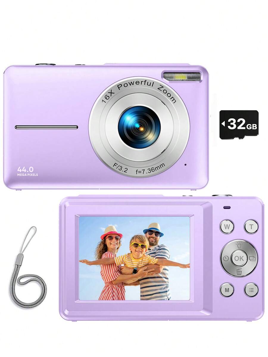 Nicamery Digital Camera, FHD 1080P Portable Youth Camera 44MP Point-And-Shoot Digital Camera, 16x Zoom, Lanyard, Small Camera Gift, With 32GB Memory Card Suitable For Beginners
