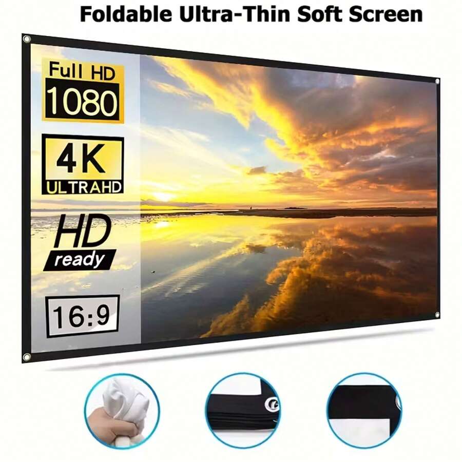 16:9 Foldable Projector Screen, 4K HD Anti‑Wrinkle Portable Movie Screen With Metal Grommets, For Home Theater Outdoor