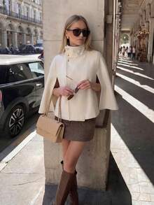 Women's Elegant High Neck Cream White Cape Coat, Gold Button Detail, Woven Fabric Regular Length Outerwear, Suitable For Spring And Autumn - Beige - View 1