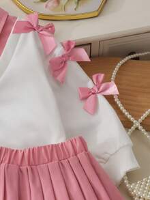 2pcs Girls Sweet Cute 3D Bow Patchwork Polo Collar Half-Button Top & Pleated Skirt Set, Spring/Autumn - Pink - View 4