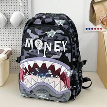 Ransel Motif Hiu Baru yang Menarik, Tas Perjalanan Modis, Tas Kasual Vintage Kapasitas Besar, Unisex, Tersedia Berbagai Warna - Hitam - View 5