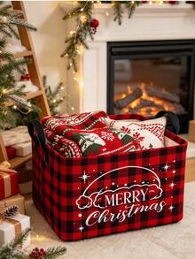 This Open-Style Santa Claus Storage Basket/Bin Features A Festive Red Plaid Design And Convenient Handles; Collapsible And Suitable For Storing Clothing, Accessories, And Cosmetics, It Is An Ideal Choice For Home Organization. - Multicolor - View 8