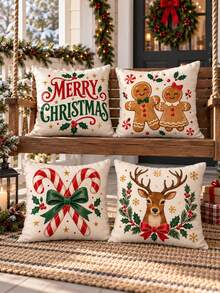 4 Buah Sarung Bantal Natal Vintage Motif Kue Jahe Permen, Dekorasi Liburan Amerika dengan Teks Rusa Kutub dan Permen Tongkat, Cetakan Satu Sisi, Isian Bantal Tidak Termasuk - MultiWarna - View 3