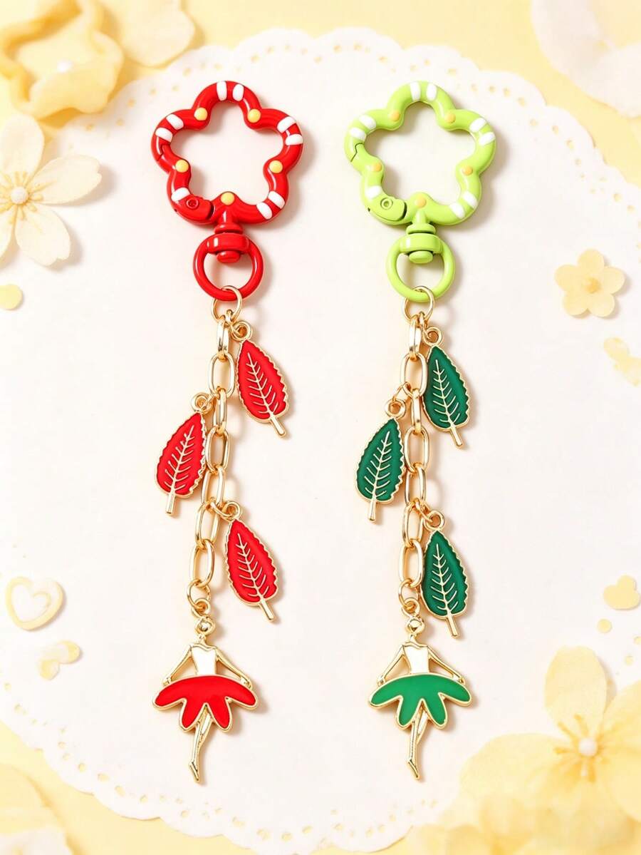 1pc Versatile Cartoon Character Keychain, Leaf Ballet Girl Keyring, Bag Pendant - Multicolor - View 1