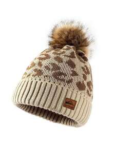 1pc Women's Autumn/Winter Leopard Print Pom Pom Knit Hat, Fashionable Versatile Windproof Warm Ear Protection Beanie, Suitable For Daily Outdoor Wear - Multicolor - View 5