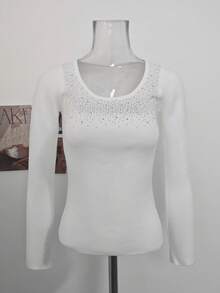 Korean Style Sexy U-Neck Rhinestone Long Sleeve Knit Sweater Women Autumn/Winter Slim Fit Flattering High-End Top - White - View 6