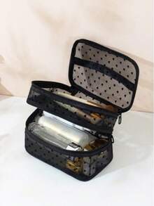 1pc Double Layer Heart Pattern Large Capacity Mesh Makeup Bag, Fashionable Toiletries Storage Bag - Black - View 1