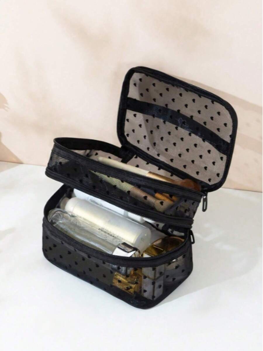 1pc Double Layer Heart Pattern Large Capacity Mesh Makeup Bag, Fashionable Toiletries Storage Bag - Black - View 1