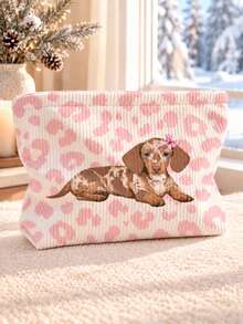 New Pink Leopard Print Dachshund Pattern Makeup Bag | French Print Travel Organizer Bag | Travel Essential | Poolside Must-Have | Toiletry Bag | Pool Storage Bag | Mother's Day Gift | Teacher's Day Gift | Suitable For Moms, Teachers, Friends And Nurses | Home Essential | Graduation Gift | Easy To Clean Design | Portable Makeup Bag - Multicolor - View 1