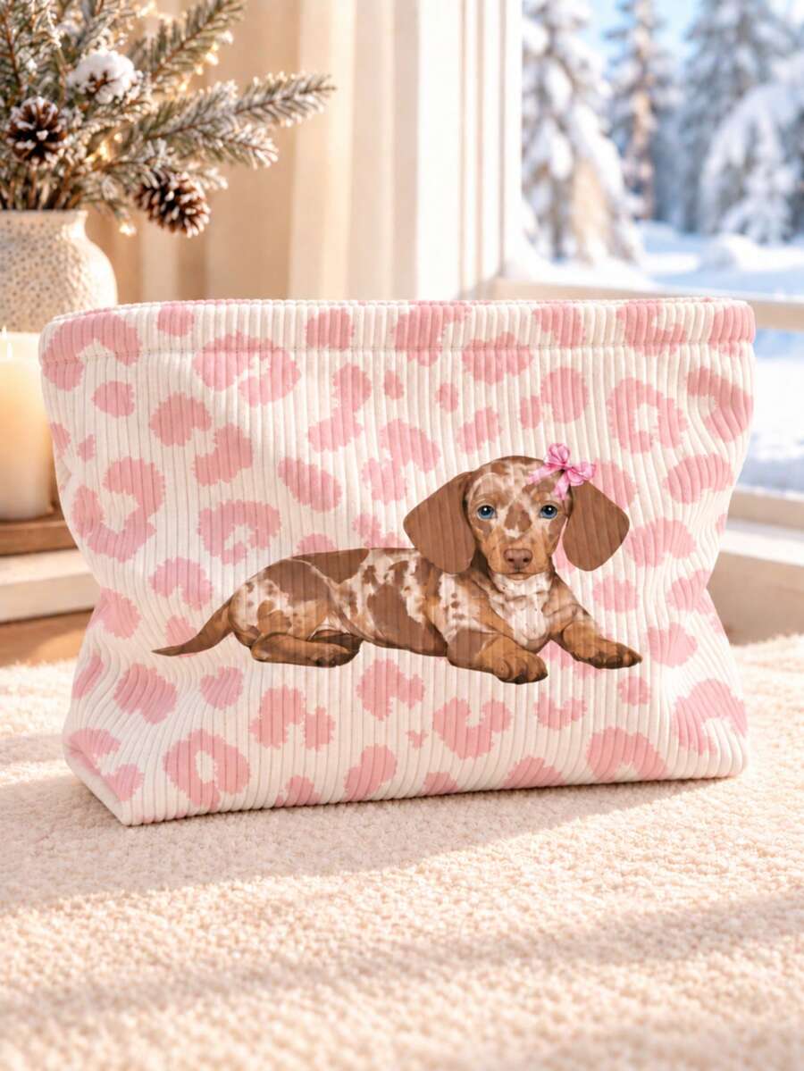 New Pink Leopard Print Dachshund Pattern Makeup Bag | French Print Travel Organizer Bag | Travel Essential | Poolside Must-Have | Toiletry Bag | Pool Storage Bag | Mother's Day Gift | Teacher's Day Gift | Suitable For Moms, Teachers, Friends And Nurses | Home Essential | Graduation Gift | Easy To Clean Design | Portable Makeup Bag - Multicolor - View 1