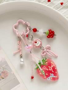 1pc Acrylic Strawberry Pink Korean Ins Style Girly Beaded Phone Chain Backpack Charm Keychain - Multicolor - View 3