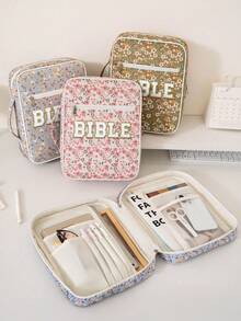 1pc Women's Bible Cover Set, Large Quilted Bible Sleeve With Handle, Floral Pattern Storage Bag, Velvet Letter Quilted Bible Tote Bag, Tablet Storage Bag, Portable Stationery Organizer, Suitable For Girls Bible Study Supplies, Christian Women's Gift, Letter Patchwork Bible Cover Soft Zipper Tote Bag, Unisex Church Bag, Book Storage, Religious Gift (Includes Bag Only, No Pen, Notebook Or Sticky Notes) - Multicolor - View 2