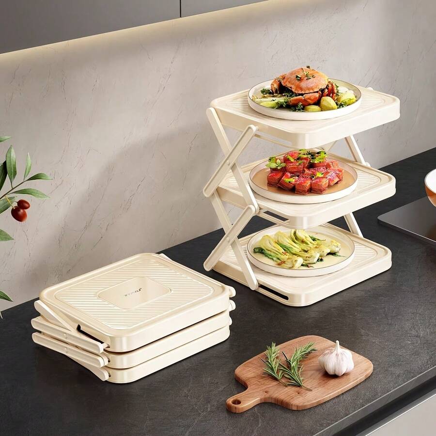 Kitchen Prep Rack Foldable Multi-Layer Storage Shelf With Prep Trays Home Meal Prep Multi-Function Hot Pot Ingredient Organizer