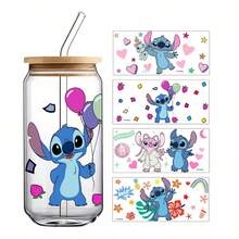 Cute Stitch Cartoon Water Cup Sticker Set, 4 Fresh & Playful Designs Featuring Stitch & Angel With Heart And Flower Elements, Premium Waterproof PVC Material, Water-Resistant & Scratch-Resistant, Self-Adhesive, Removable Without Residue, Suitable For DIY Decorating Glass Straw Cups & Tumblers - Multicolor - View 4