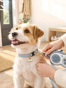 1pc Grey‑White Paw Bone Embossed Retractable Leash & Light Blue Denim Bell Bone Tag Pet Collar, Wear‑Resistant Pet Walking Set For Daily Pet Outdoor Activities - Multicolor - View 5