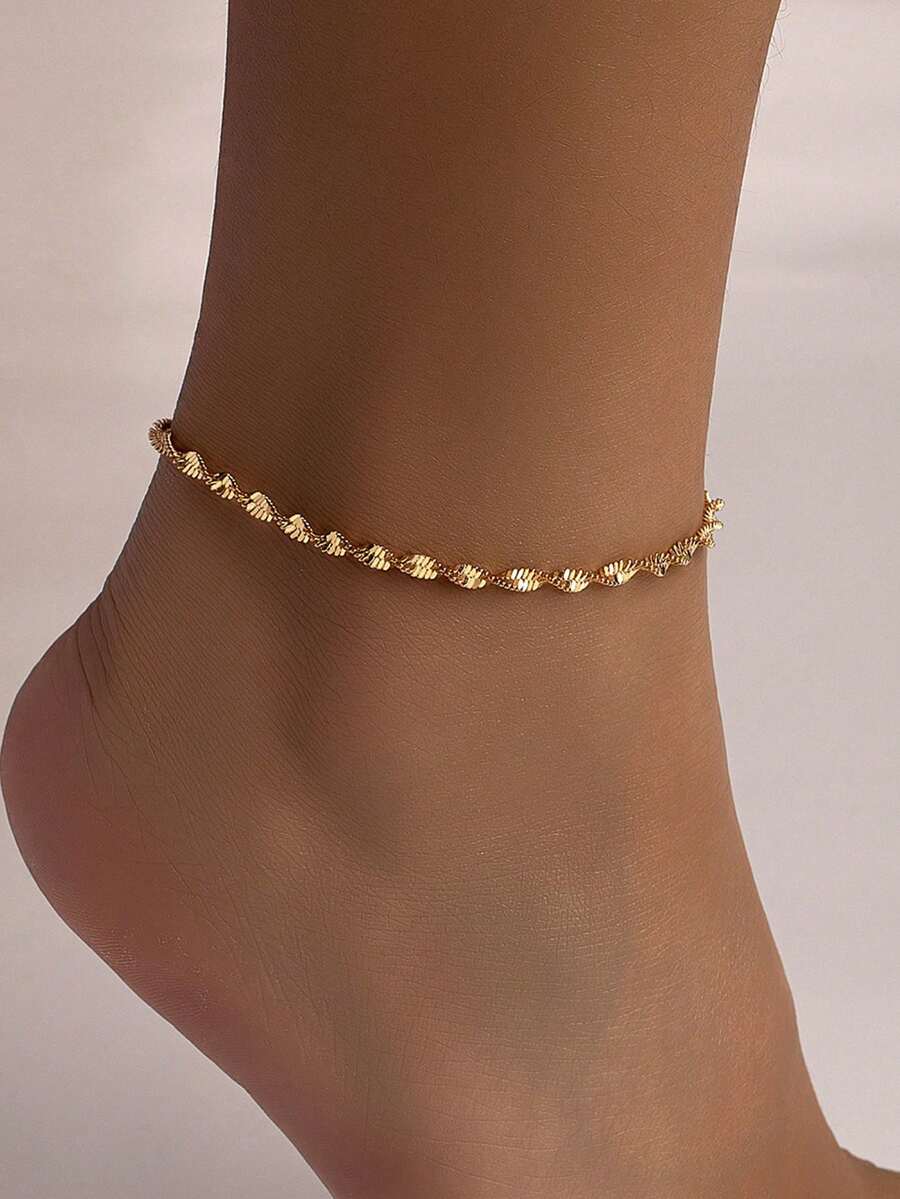 1pc Women's Anklet, Summer Beach Style, Stainless Steel Water Wave Chain, Daily Versatile Layering Accessory - Yellow Gold - View 1