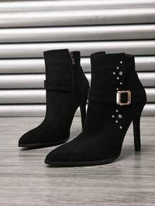 Women's Pointed Toe Stiletto Heel Ankle Boots With Side Zipper And Naked Design - Black - View 7
