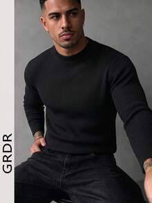 GRDR Men's Black Half-High Round Neck Vertical Ribbed Ribbed Knit Sweater, Autumn/Winter Long Sleeve Minimalist Base Layer - Black - View 2