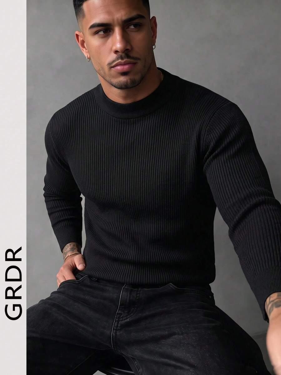 GRDR Men's Black Half-High Round Neck Vertical Ribbed Ribbed Knit Sweater, Autumn/Winter Long Sleeve Minimalist Base Layer