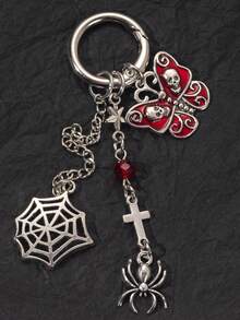 1pc Dark Gothic Halloween Skull Butterfly Cross Spider Web Keychain Phone Backpack Charm - Multicolor - View 2