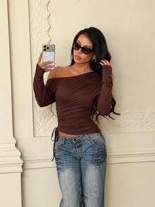 Fall One-Shoulder Long-Sleeved Form-Fitting Brown Top,Going Out,Homecoming - Brown - View 5