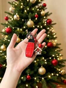 Natal - 1 buah Gantungan Kunci Mobil Bentuk Rumah Natal, Pohon Natal, dan Lonceng dengan Tekstur Bambu PU - Gaya acak - View 3
