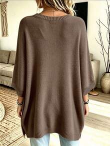 2026 Plus Size Women's Solid Color Round Neck Batwing Sleeve Loose Casual Sweater - Coffee Brown - View 3