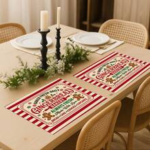 2Pcs Farmhouse Christmas Placemats Red White Stripe Gingerbread Bakery Gingerbread Man Letter Print Rectangular Table Mats Winter Holiday Dining Table Decoration For Xmas Home Party - Red and White - View 1