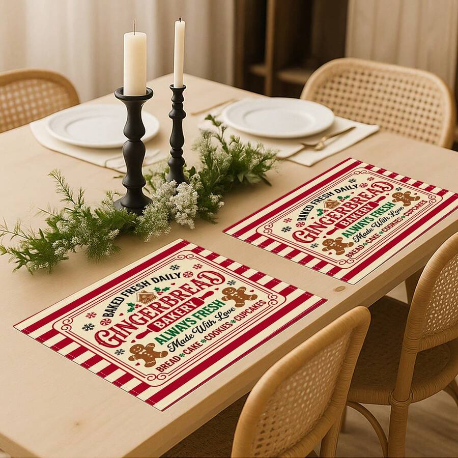 2Pcs Farmhouse Christmas Placemats Red White Stripe Gingerbread Bakery Gingerbread Man Letter Print Rectangular Table Mats Winter Holiday Dining Table Decoration For Xmas Home Party - Red and White - View 1