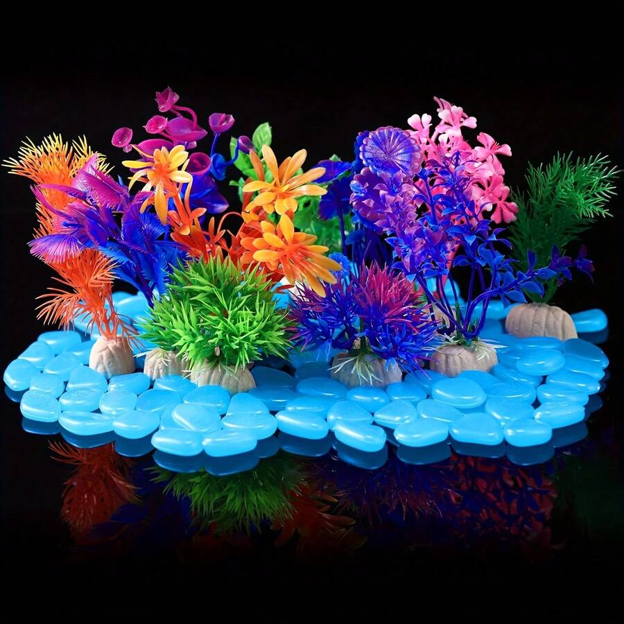 100 Pcs Fish Tank Rocks Glow Color Random, Fish Tank Stones Accessories Gravel With 5 Packs Random Artificial Aquatic Plants Fish Tank Plants Plastic Coral Reef Decorations For Aquariums - A - View 1