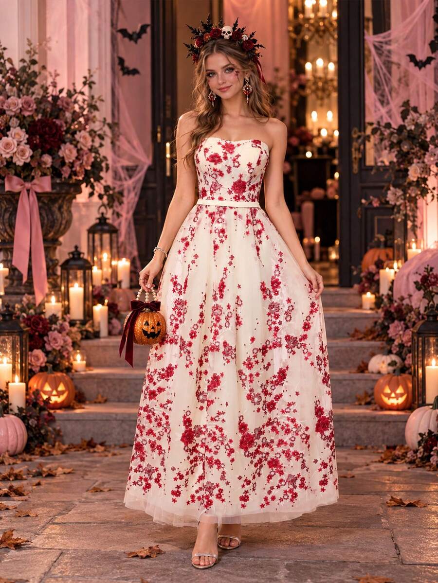 VIPGIRL Elegant Strapless Long Dress For Women, Decorated With Red Floral Embroidery, Flared Mesh Fabric, Formal Evening Gown, Perfect For Balls. - Apricot - View 1