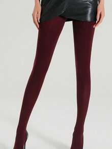 1 Pair Women's Burgundy Thick Opaque High Elasticity Slim Fit Tights, Versatile For Autumn - Burgundy - View 3