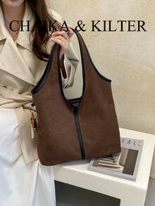 1pc Suede Fabric Shoulder Tote Bag, Suitable For Commuting, Shopping, Etc. (With Pendant) - Coffee - View 10