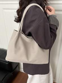 Women's Minimalist Solid Color Tote Bag, Soft Faux Leather Large Capacity Shoulder Handbag, Simple Zipper Shopping Bag For Work School Daily - White - View 2