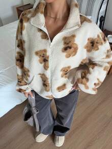 SCARLUX Women Y2K Winter Sherpa Fleece Jacket, Cute Teddy Bear Print Zip Coat, Back To School Daily Commute Christmas Outerwear - Apricot - View 8