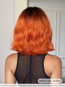 NAMM Short Wave Ombre Orange Bob Wigs For Women Synthetic Curly Wavy Wig With Bangs Dark Root, Heat-Resistant Fiber Costume Wig For Halloween Party Wear, Carnival & Cosplay Use 12 Inch ( Burgundy, Blue ) - Multicolor - View 4