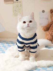 1pc Cute Bear Striped Pet , Cat/Dog Four-Corner Pants, Soft Breathable Comfortable Autumn/Winter Pet Hooded Outfit - Navy Blue - View 9